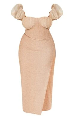 Plus Champagne Bardot Organza Ruffle Detail Glitter Midi Dress -Goremje Style d1ccfd2b0d641b14c6751fceaccd83bf37f4a829 cna8272 5