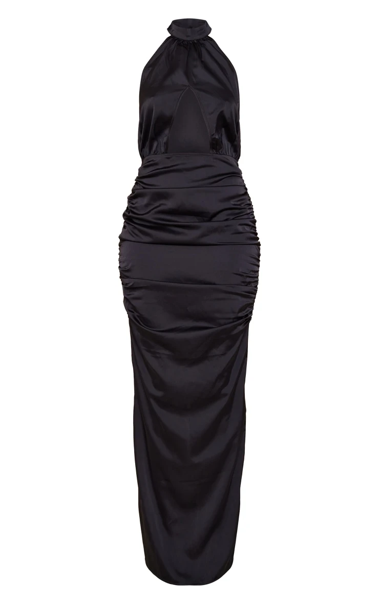 Tall Black Satin Plunge Ruched Maxi Dress 7 Tall Black Satin Plunge Ruched Maxi Dress - Image 5