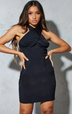 Petite Black Wrap Over Underbust Bodycon Dress