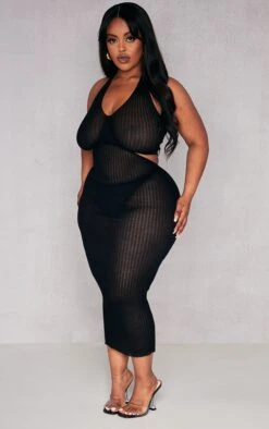 Plus Black Sheer Knit Cross Halter Neck Midi Dress -Goremje Style d2f4974f97b1653a7aa3626631b93ddcbf6ae024 cnc7956 3