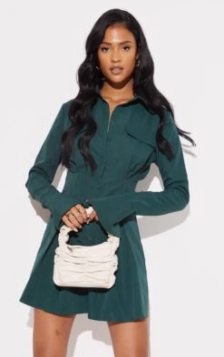 Tall Green Pocket Detail Cargo Cinched Waist Shirt Dress