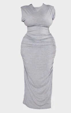 Plus Grey Marl Shoulder Pad Ruched Side Midaxi Dress -Goremje Style d35d62774df1570b62be3b0ede05d5a9f0ddb367 cnc5214 5