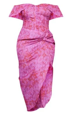 Plus Pink Floral Printed Ruched Side Midi Dress -Goremje Style d715520535f1cd70b1fc5943fccbd8052c380b20 cne0687 5