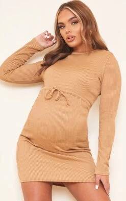 Maternity Camel Tie Waist Mini Dress