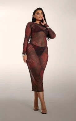 Plus Burgundy Denim Print Mesh Midaxi Dress