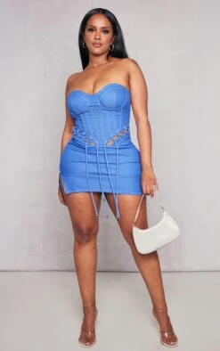 Shape Blue Denim Look Rope Detail Lace Up Corset Bodycon Dress