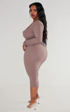 Plus Taupe Strap Detail Longsleeve Midi Dress -Goremje Style d91c56e1164a12faef19dcc1b7398ae5f856cdd0 cnc9828 2