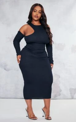 Plus Black Rib Cold Shoulder Asymetric Neck Detail Midaxi Dress