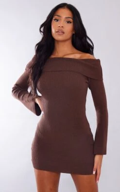 Tall Chocolate Knit Off The Shoulder Mini Dress