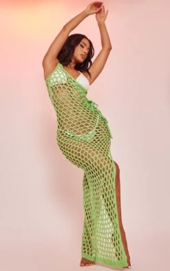 Petite Bright Green Open Knit Tie Side Maxi Dress With Split
