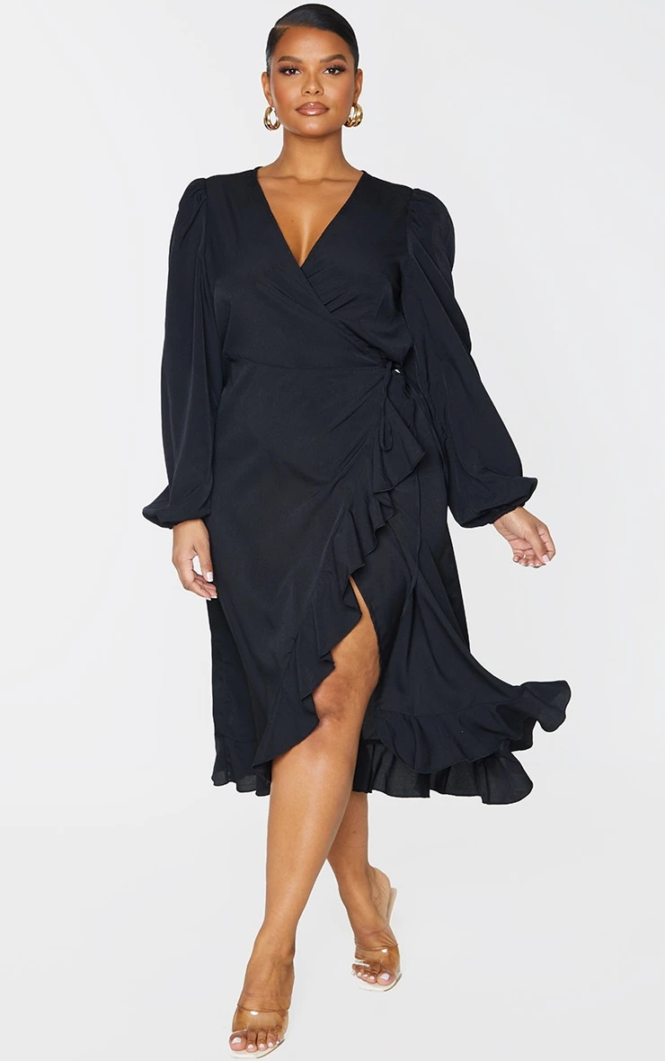 Plus Black Ruffle Wrap Front Midi Dress 3 Plus Black Ruffle Wrap Front Midi Dress