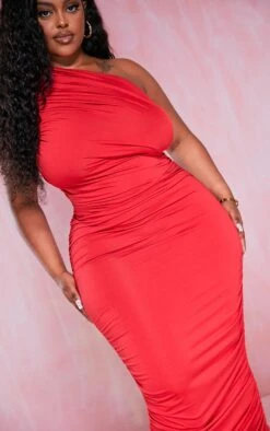 Plus Red Slinky Ruched One Shoulder Longline Midi Dress -Goremje Style da2288285d02f6211bb3f9369ff068bb6d408c9a cna0081 5