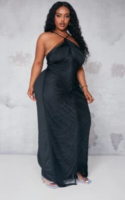 Plus Black Tassel Distressed Low Back Maxi Dress