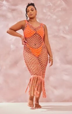 Plus Orange Fishnet Knitted Maxi Dress
