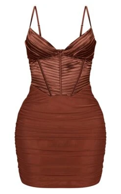 Shape Chocolate Brown Satin Pleat Detail Corset Bodycon Dress -Goremje Style daecaa680c9f16482bd1c6eb47d570ee85a32c6e cmw7746 6