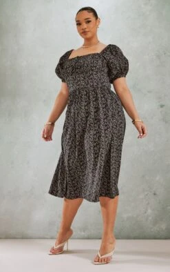 Plus Black Ditsy Floral Puff Short Sleeve Midi Dress -Goremje Style db7946db10e336f9f07e5a2c94fcd020ea2f052f cnc9565 3