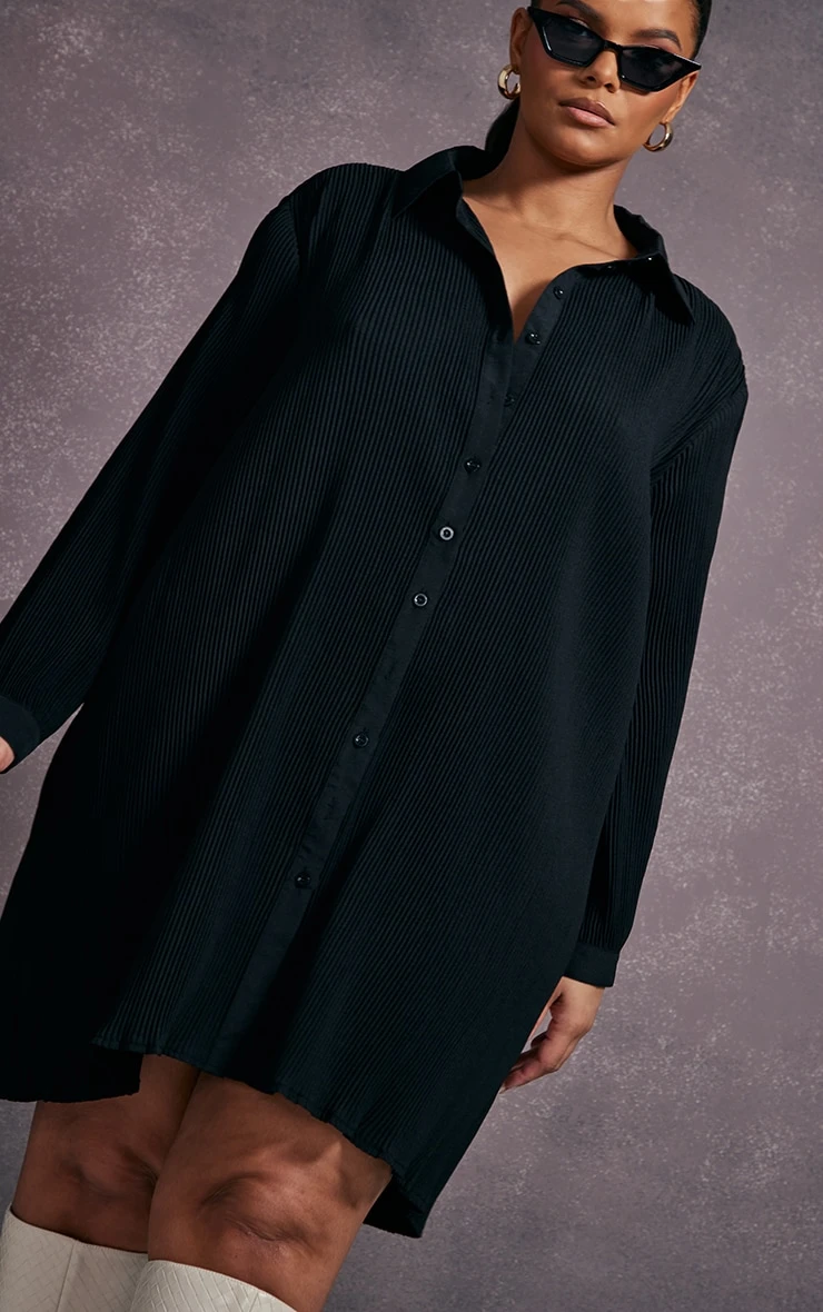 Plus Black Plisse Oversized Shirt Dress 6 Plus Black Plisse Oversized Shirt Dress - Image 4