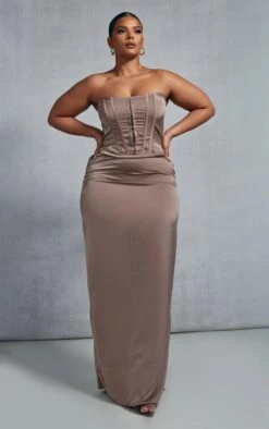 Plus Mocha Satin Corset Bandeau Maxi Dress