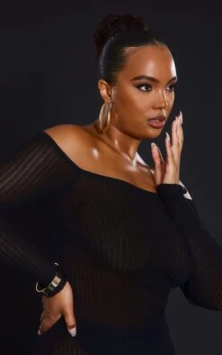 Plus Black Sheer Knit Bardot Midi Dress -Goremje Style ddca83af80eadc5dd4233c4a4f40498c5856abc9 cmz8369 4