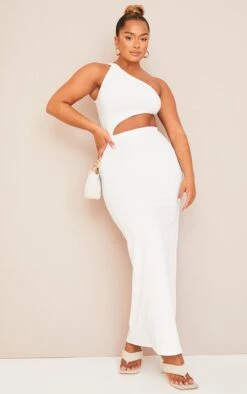 Shape Cream One Shoulder Ruched Cut Out Extreme Split Maxi Dress