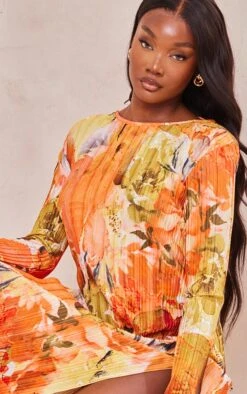 Tall Orange Floral Print Plisse Long Sleeve Split Detail Midi Dress -Goremje Style de48f66400c0fc03cf94ede22da320eb7bab3ced cne4926 4