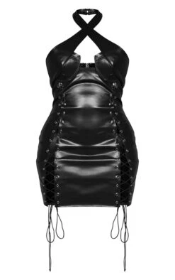 Shape Black Faux Leather Lace Up Branded Trim Bodycon Dress -Goremje Style deef64e00419b72306c8a013e536a54228c0d50b cmw7704 6