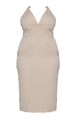 Plus Beige Pleated Bust Midi Dress -Goremje Style df21517c0b4b020d7768459a659b3bca64df29b2 cnc7298 5