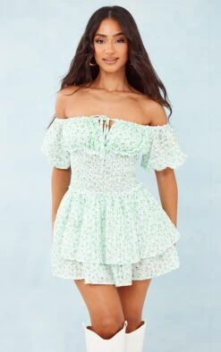 Petite Green Ditsy Print Skater Dress