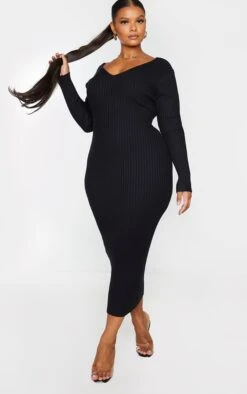 Plus Black Off Shoulder Rib Knitted Midaxi Dress -Goremje Style e08c0056f2c7627821d4104ecbe9d2150e728122 CML1675 3