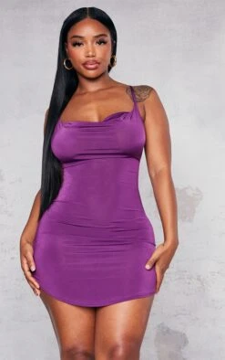 Shape Dark Plum Cowl Lace Up Back Bodycon Dress