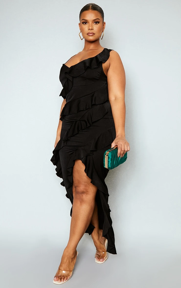 Plus Black Satin Frill Layered Midiaxi Dress 5 Plus Black Satin Frill Layered Midiaxi Dress - Image 3
