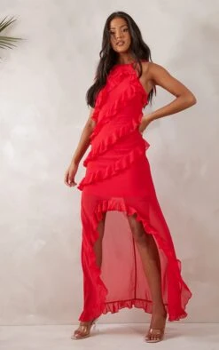 Tall Red Strappy Frilled Maxi Dress