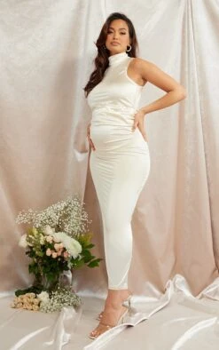 Maternity Champagne High Neck Satin Maxi Dress