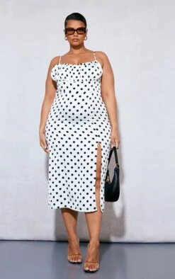 Plus White Polka Dot Ruched Bust Side Split Midi Dress