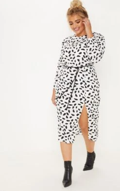 Plus White Tie Waist Dalmatian Print Midi Dress