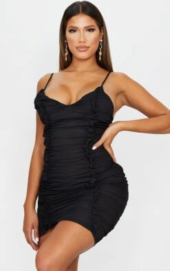 Shape Black Chiffon Plunge Ruched Bodycon Dress