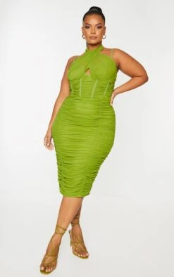 Plus Olive Mesh Cross Front Corset Detail Midi Dress