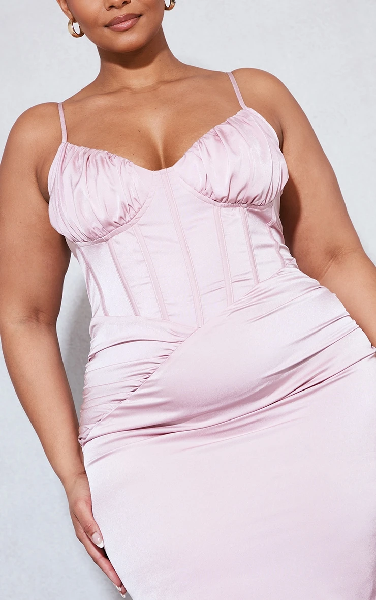 Plus Dusty Pink Ruched Bust Satin Midi Dress 5 Plus Dusty Pink Ruched Bust Satin Midi Dress - Image 3