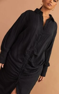 Plus Black Textured Gathered Detail Long Sleeve Maxi Shirt Dress -Goremje Style e4968b2b54584f77b1ac893023cb29c0d1d8b587 cmw4085 5