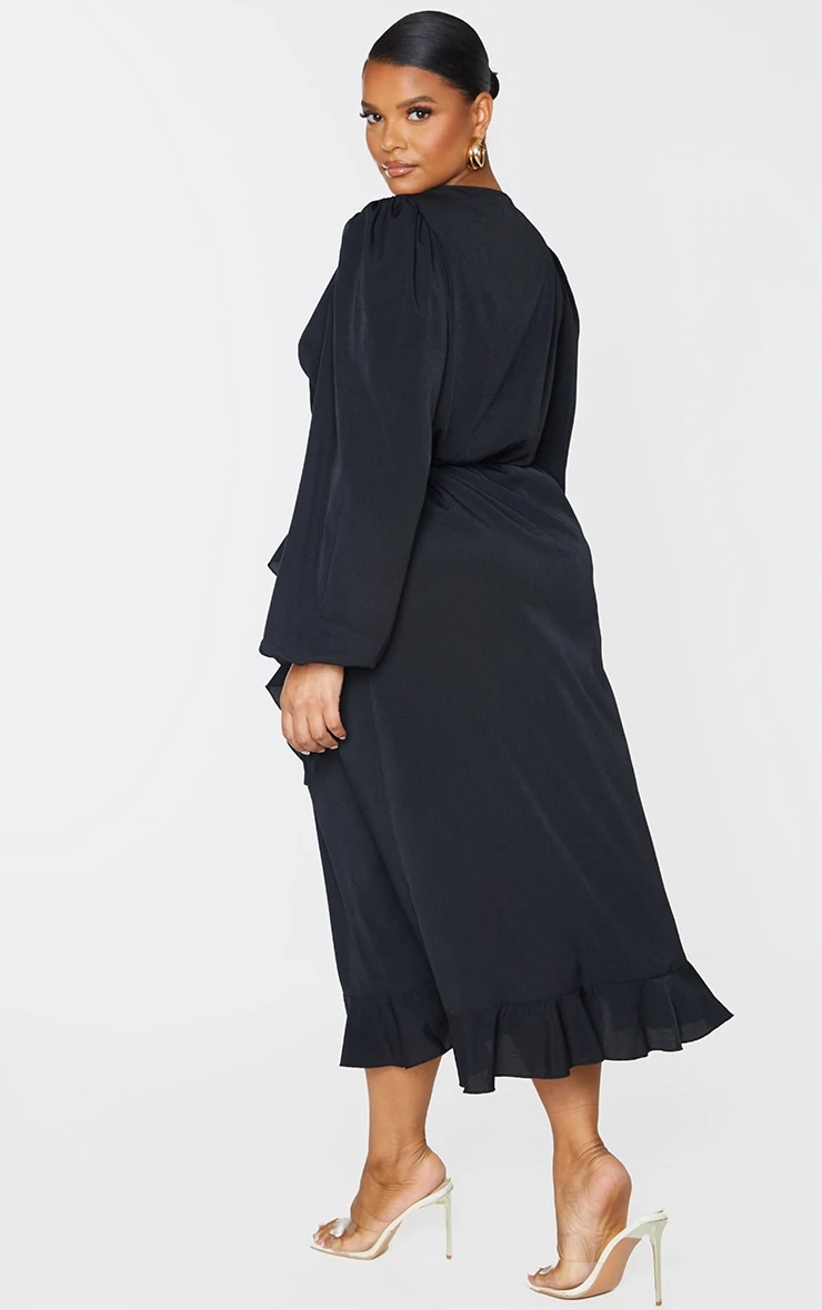 Plus Black Ruffle Wrap Front Midi Dress 4 Plus Black Ruffle Wrap Front Midi Dress - Image 2