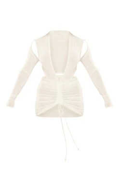 Shape White Slinky Long Sleeve Plunge Ruched Bodycon Dress -Goremje Style e572b251555dc5c78fe5f4faf0b4a46b85e267c5 cne5077 5