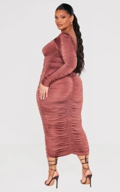Plus Chocolate Long Sleeve Extreme Ruched Midaxi Dress -Goremje Style e59ab0d174ce891202217f627968b5f8cd4b50a6 cnc9825 2