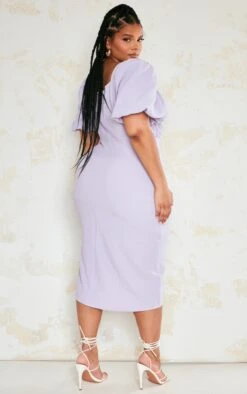 Plus Lilac Puff Sleeve Ruched Side Split Midi Dress -Goremje Style e5c0e4c6d43ebb67d43d34b1dc91032a32b1696d cne0627 2