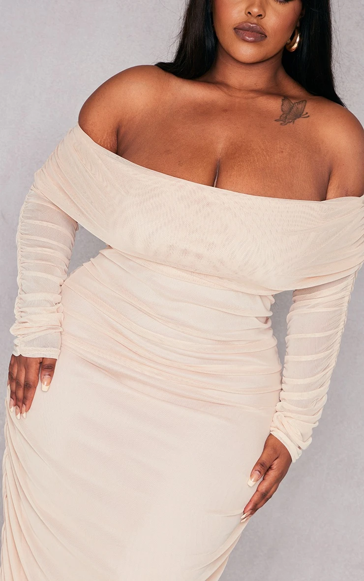 Plus Nude Mesh Bardot Long Sleeve Midi Dress 6 Plus Nude Mesh Bardot Long Sleeve Midi Dress - Image 4