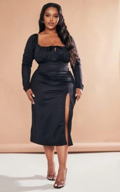 Plus Black Puff Sleeve Tie Front Midi Dress