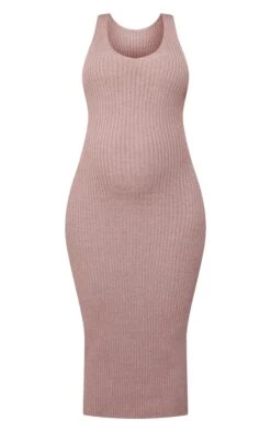 Maternity Taupe Knitted V Neck Midi Dress -Goremje Style e6ee4c585837904d4adde6dd35f95efebcace847 cne7338 5