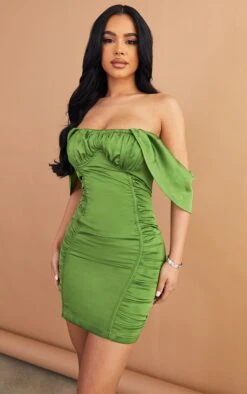 Petite Olive Satin Ruched Detail Bardot Bodycon Dress -Goremje Style e720eaaf9515cc2a3adea11d3d3c70fb9b906c7b cmw3315 4