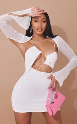 Shape Cream Mesh Lace Up Detail Overlay Bodycon Dress