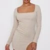Petite Cream Ribbed Split Hem Square Neck Long Sleeve Bodycon Dress -Goremje Style e80b7995dd639b318d37f9485371cfb9a80183a9 cnd4193 1