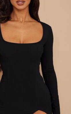 Petite Black Ribbed Longsleeve Split Dress -Goremje Style e826068ab5b42c290f9166e50ecb1da970cde7f7 cmw5878 5